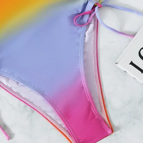 New Ombre Drawstring Side One Piece Swimsuit Rainbow - Picture 3 of 6